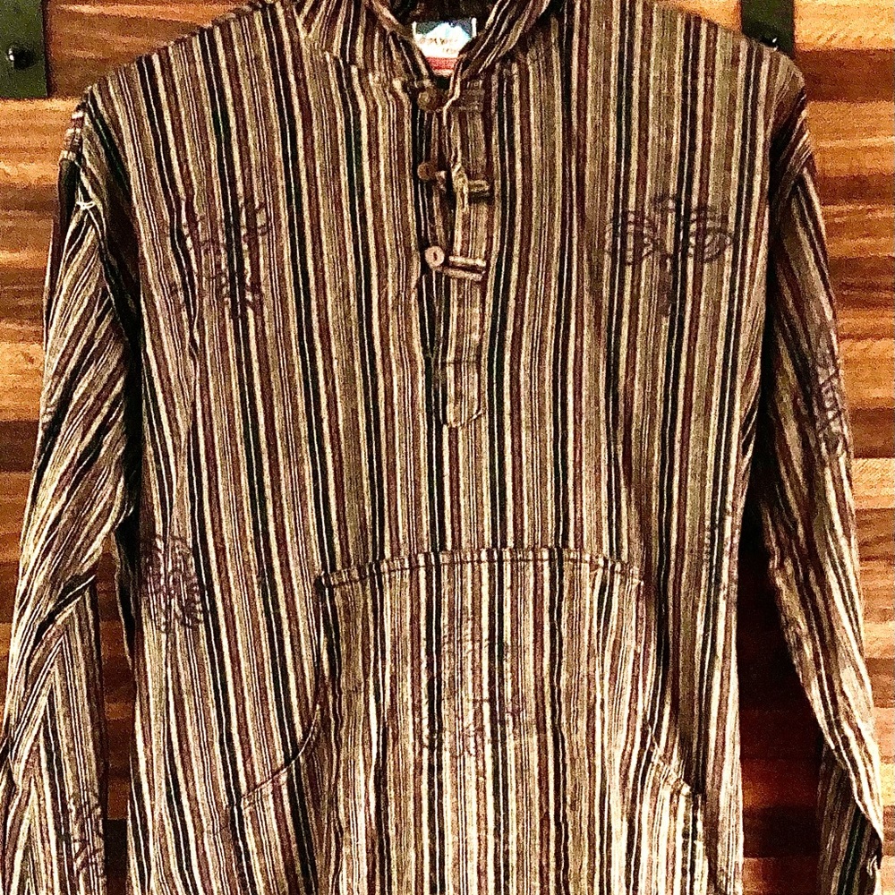 Men’s stripe patchwork BoHo hoodie shirt XXL